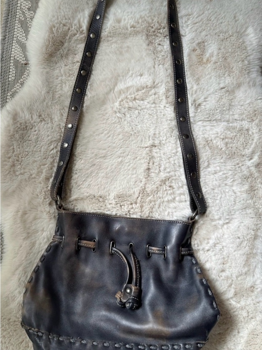 Bed Stu Black Leather Studded Drawstring Shoulder Bag- buttery soft leather